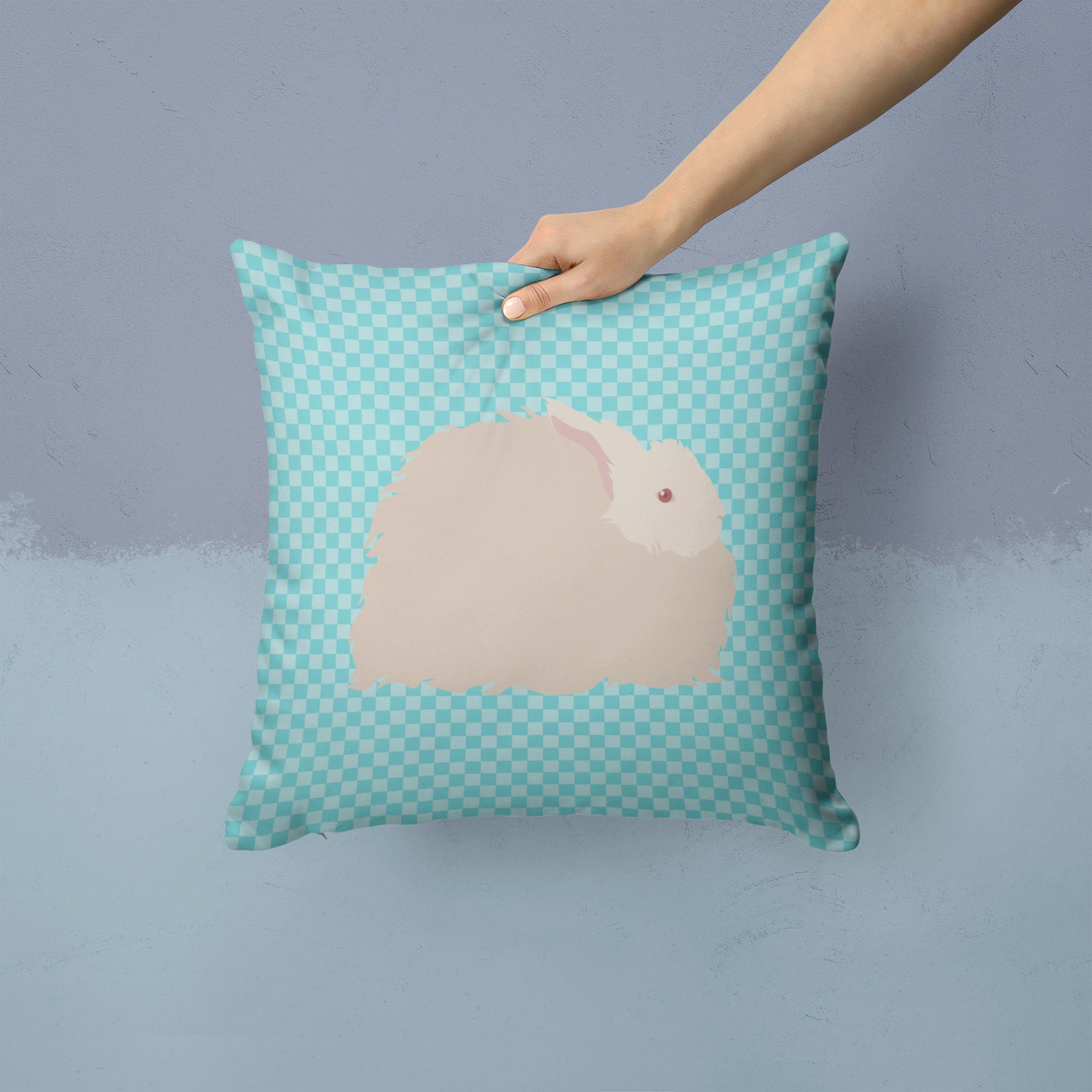 Fluffy Angora Rabbit Blue Check Fabric Decorative Pillow BB8133PW1414 - the-store.com