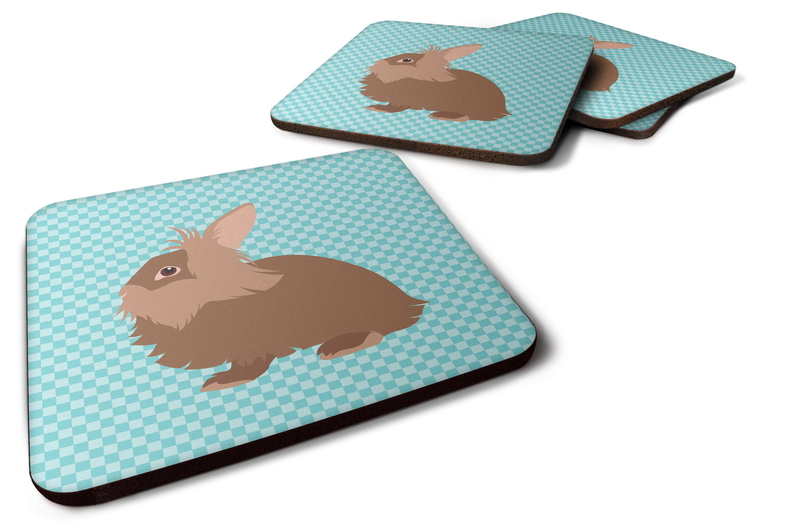 Lionhead Rabbit Blue Check Foam Coaster Set of 4 BB8134FC - the-store.com