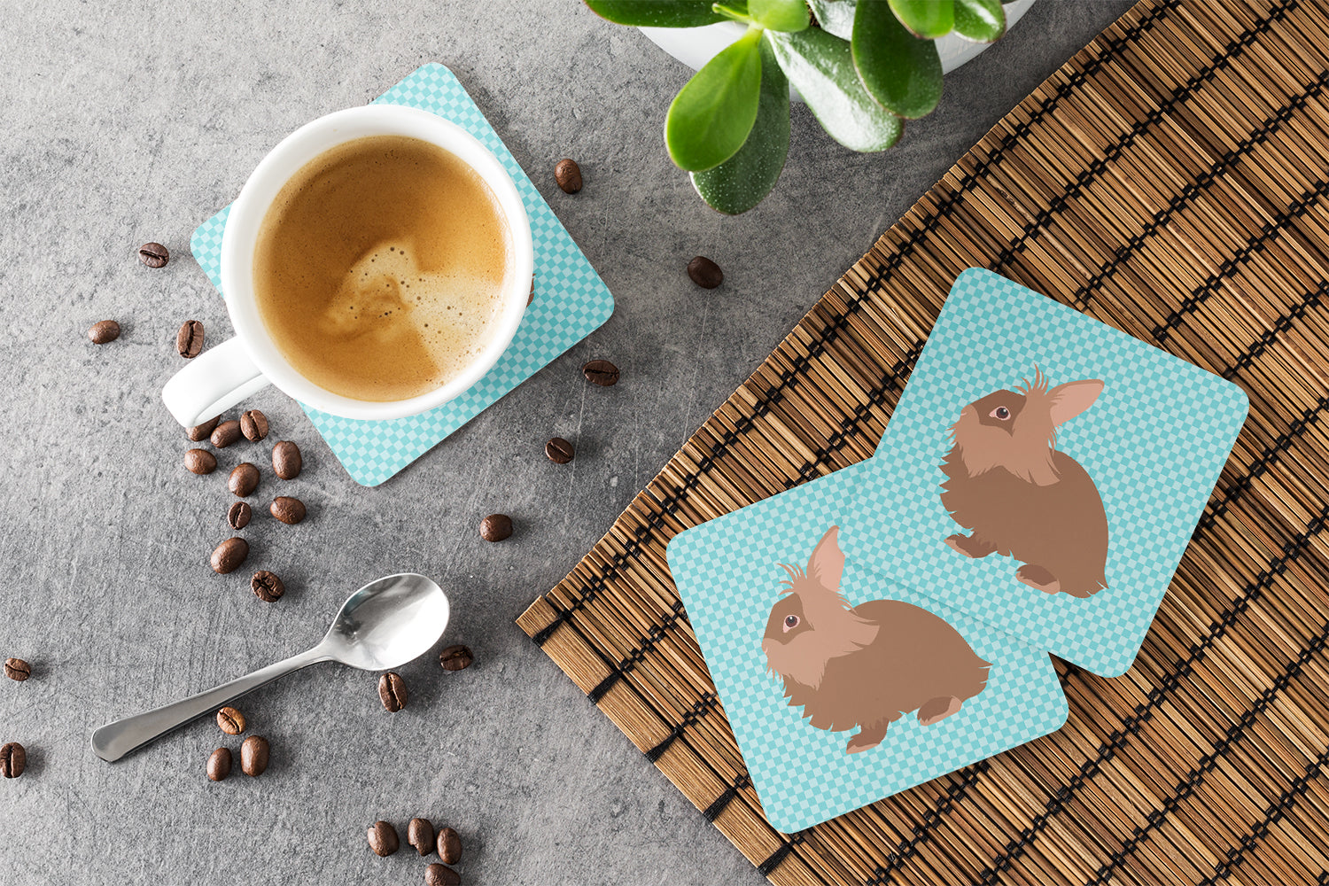 Lionhead Rabbit Blue Check Foam Coaster Set of 4 BB8134FC - the-store.com