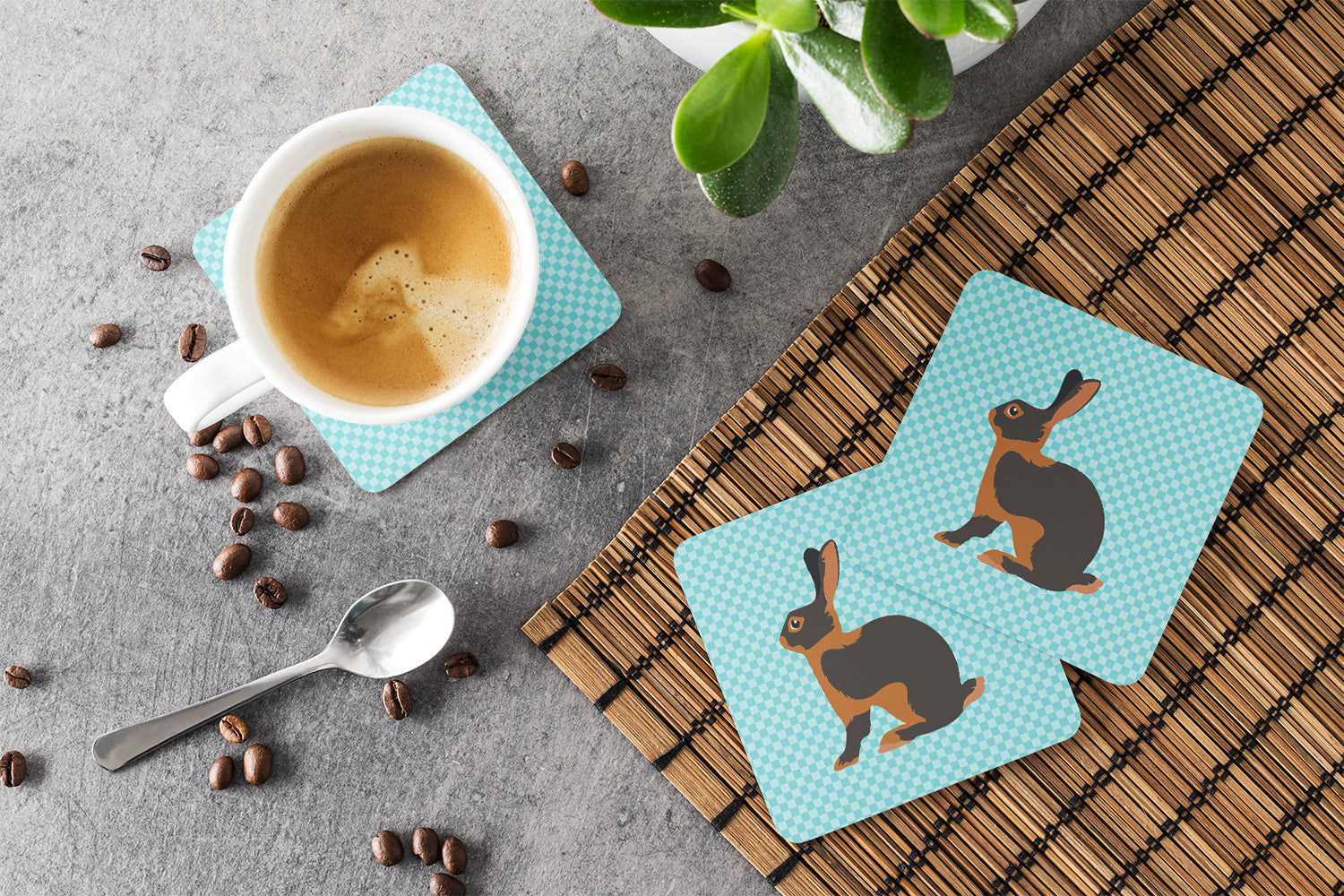 Tan Rabbit Blue Check Foam Coaster Set of 4 BB8137FC - the-store.com