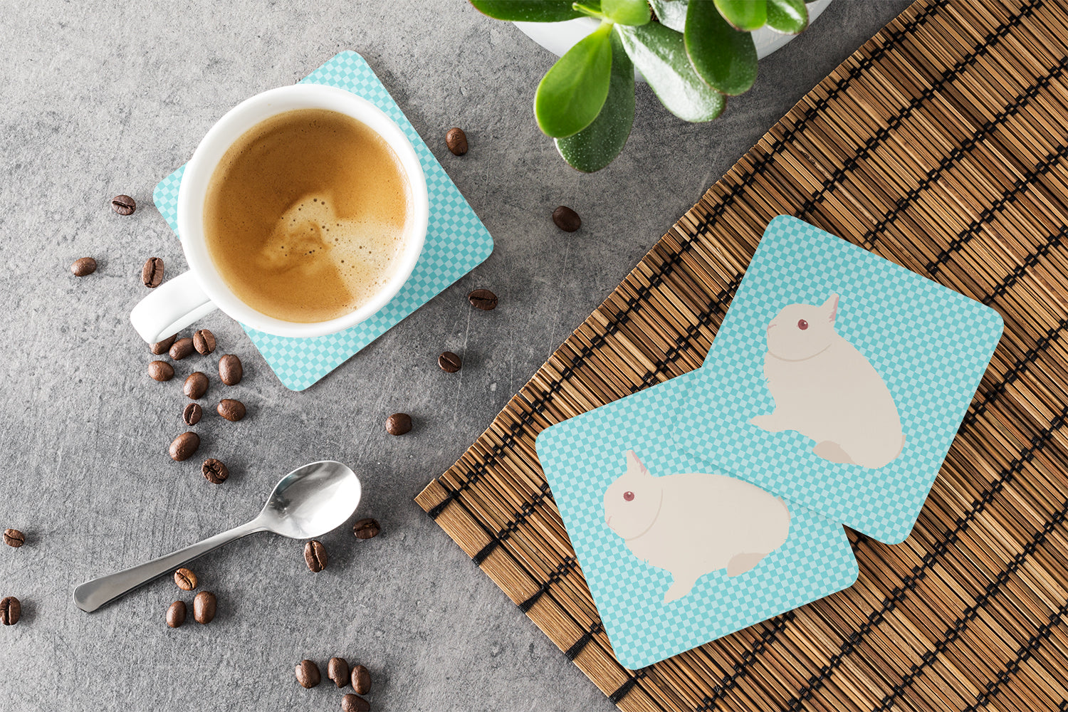 Hermelin Rabbit Blue Check Foam Coaster Set of 4 BB8138FC - the-store.com