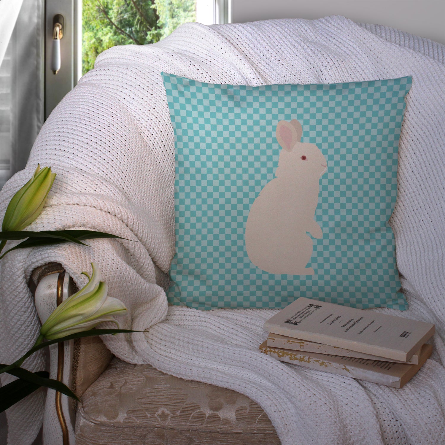 New Zealand White Rabbit Blue Check Fabric Decorative Pillow BB8139PW1414 - the-store.com