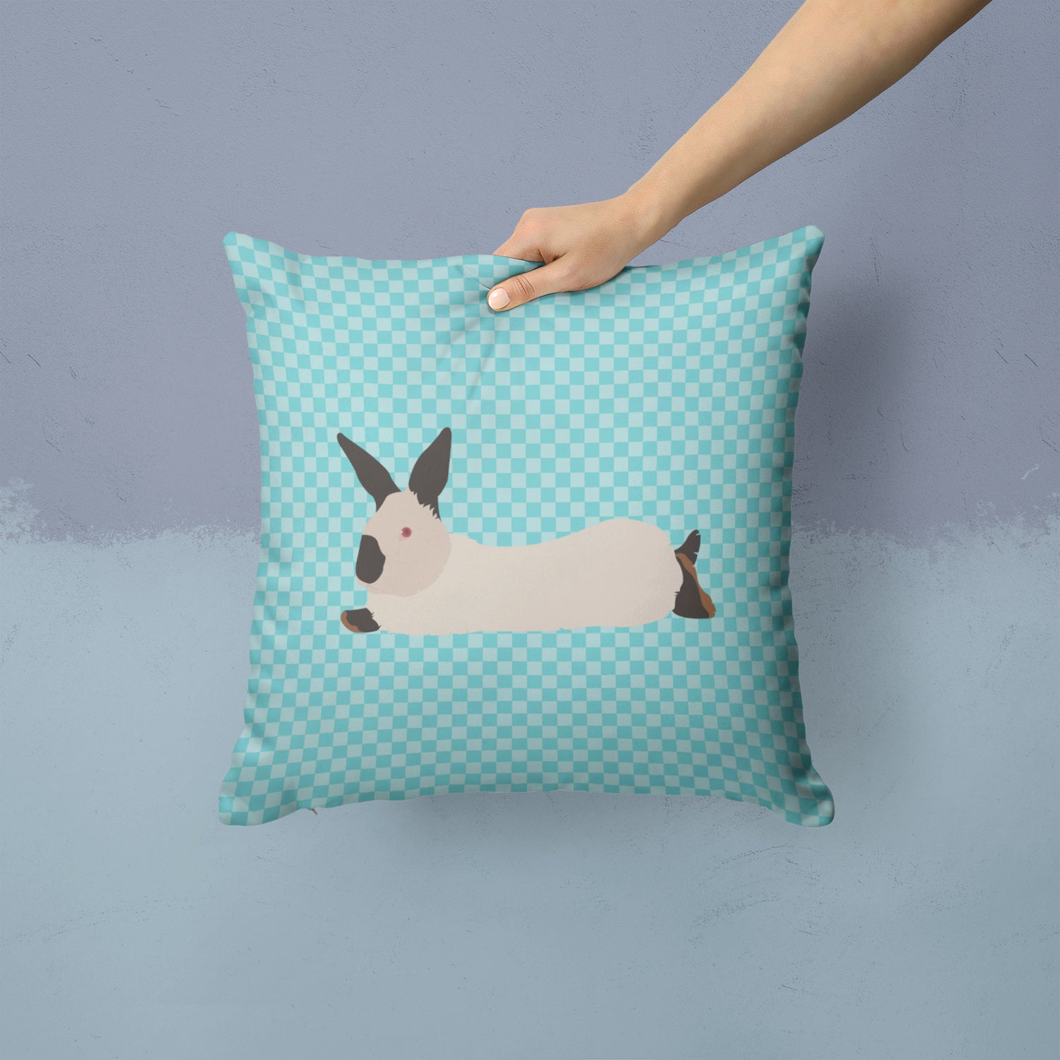 California White Rabbit Blue Check Fabric Decorative Pillow BB8141PW1414 - the-store.com