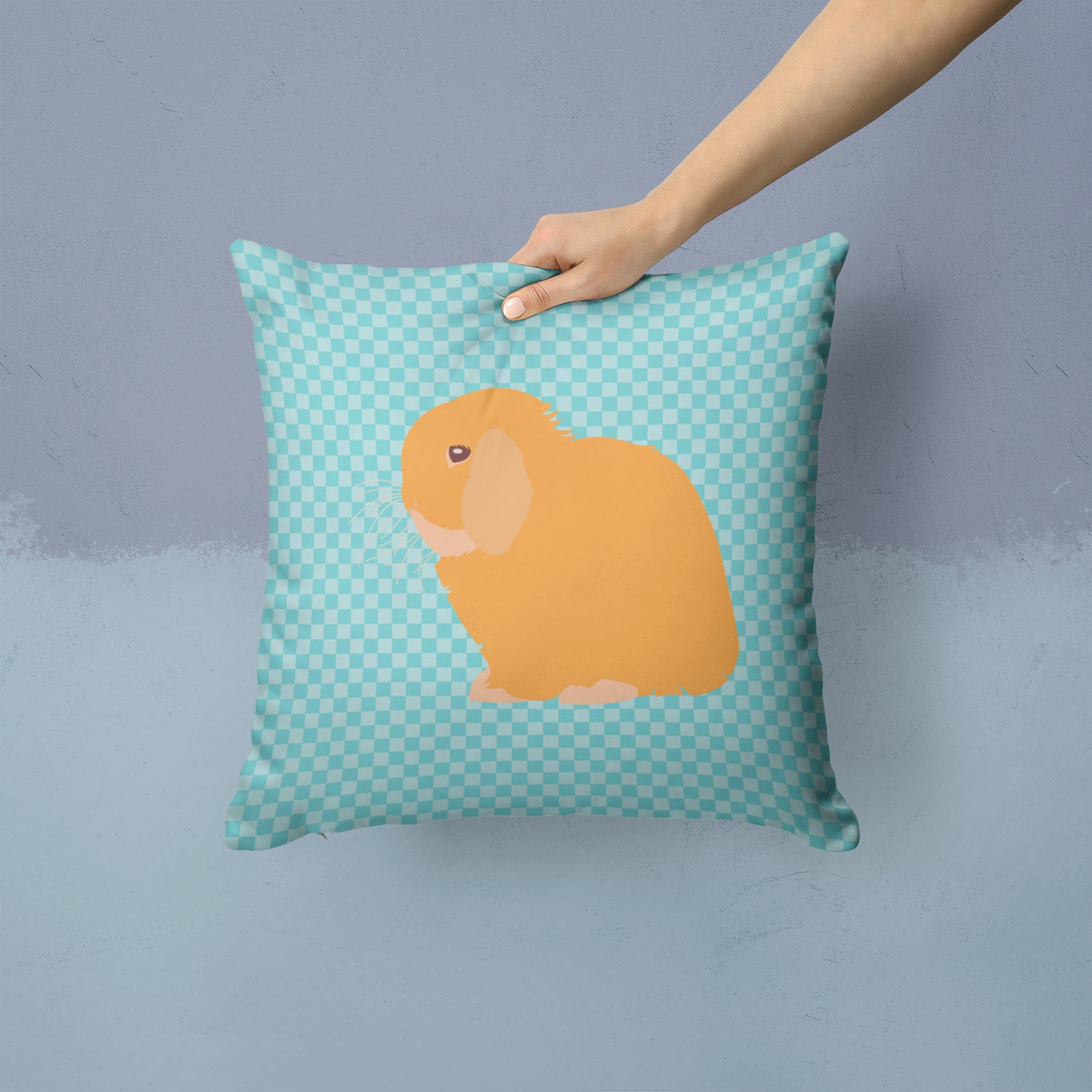 Holland Lop Rabbit Blue Check Fabric Decorative Pillow BB8142PW1414 - the-store.com