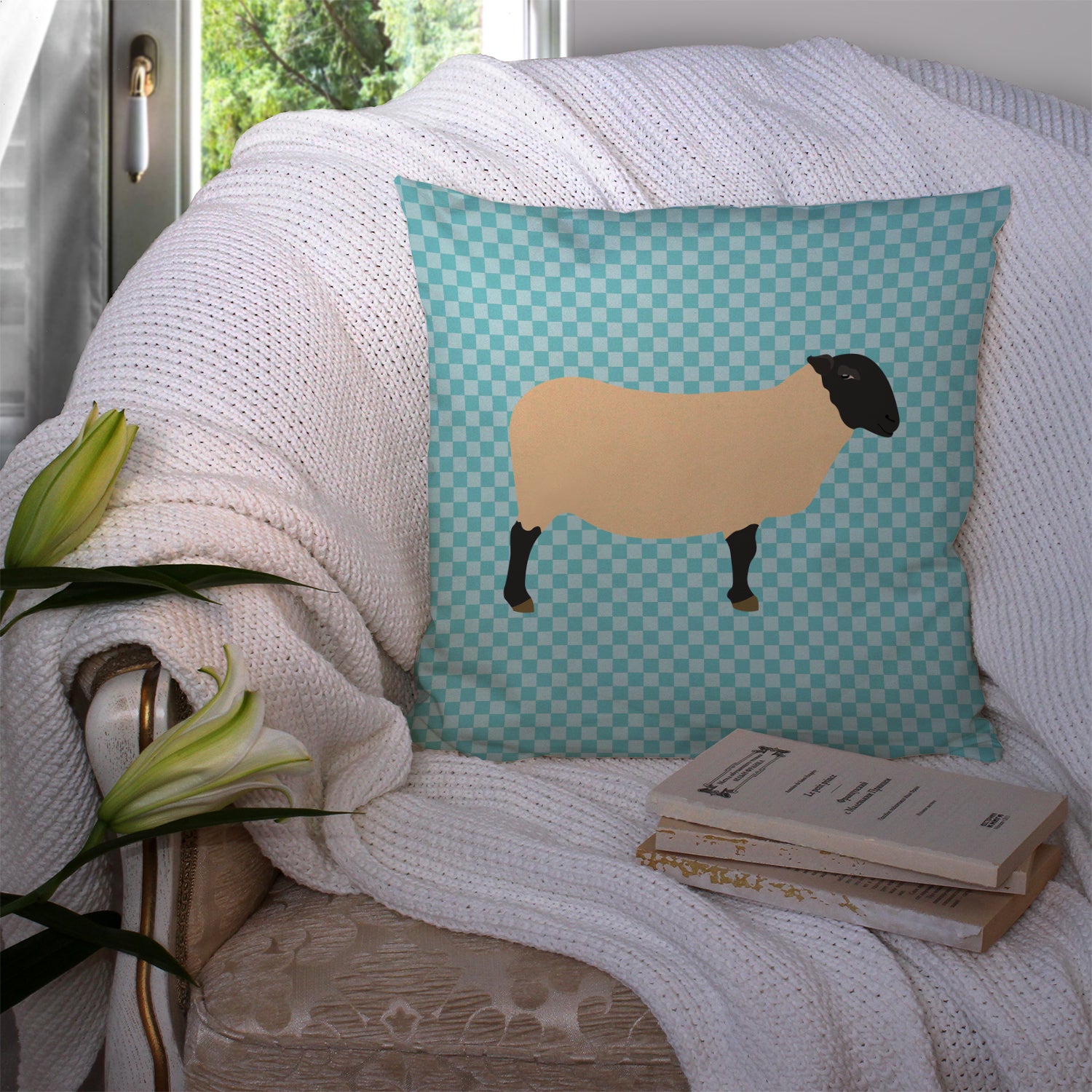 Suffolk Sheep Blue Check Fabric Decorative Pillow BB8146PW1414 - the-store.com