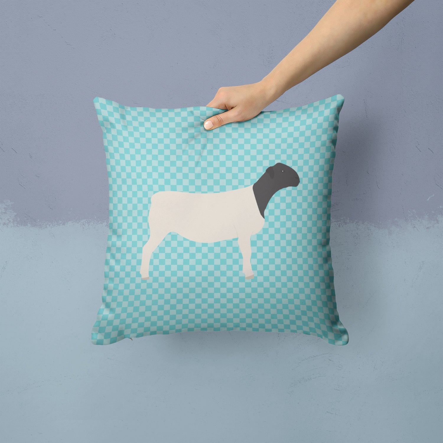 Dorper Sheep Blue Check Fabric Decorative Pillow BB8152PW1414 - the-store.com