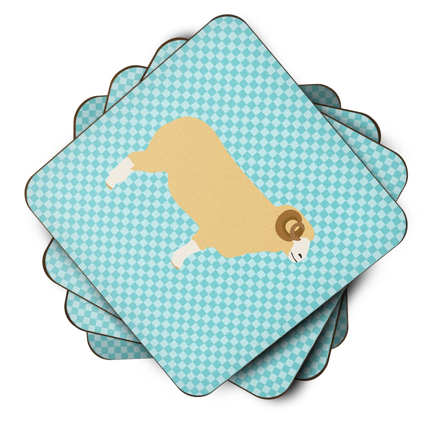 Horned Dorset Sheep Blue Check Foam Coaster Set of 4 BB8154FC - the-store.com