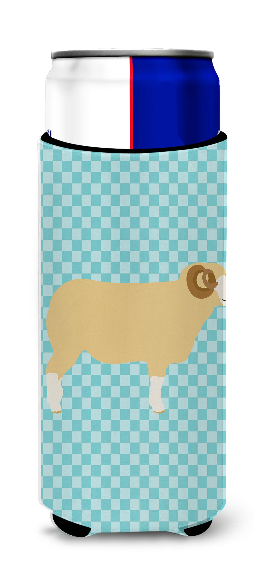 Horned Dorset Sheep Blue Check  Ultra Hugger for slim cans  the-store.com.