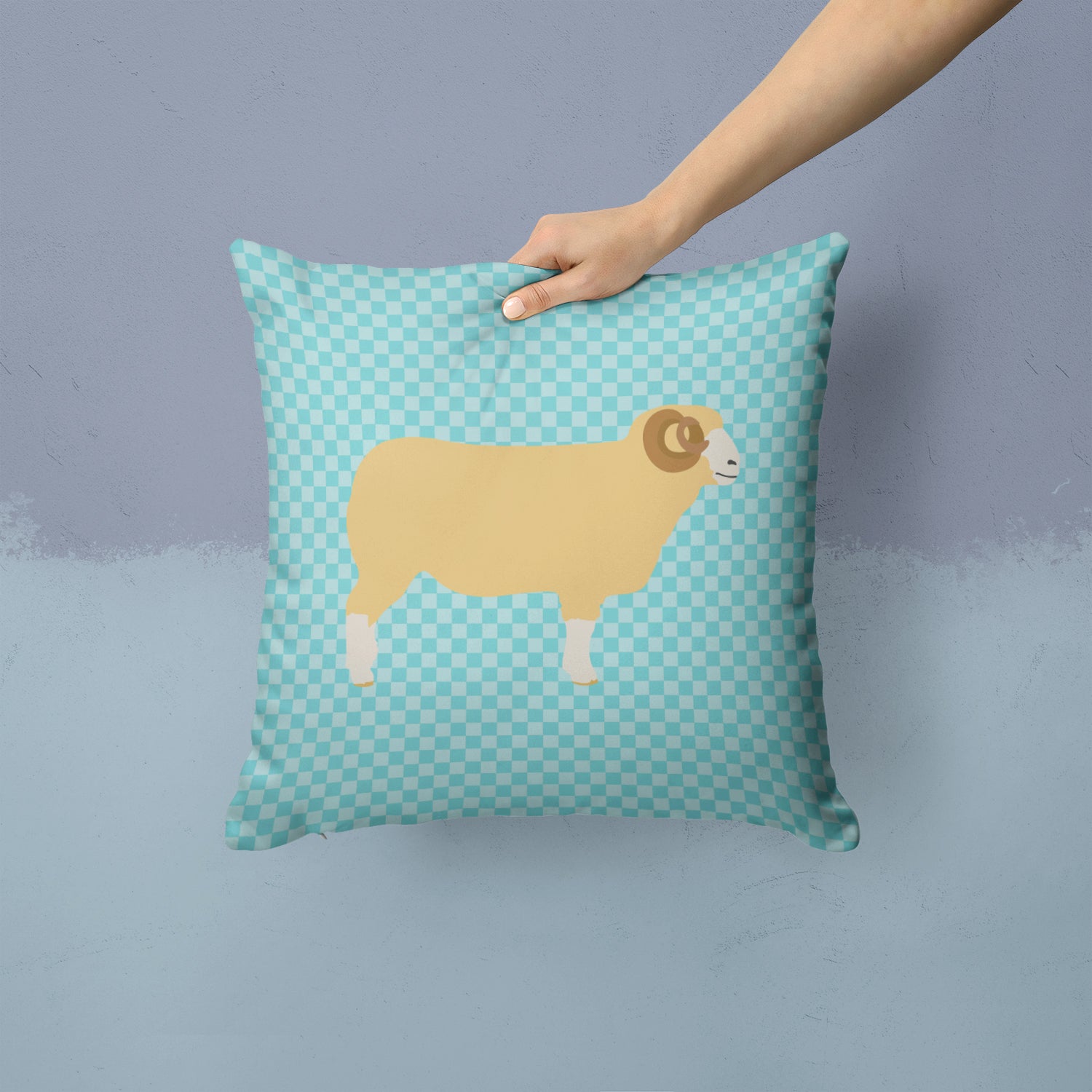 Horned Dorset Sheep Blue Check Fabric Decorative Pillow BB8154PW1414 - the-store.com