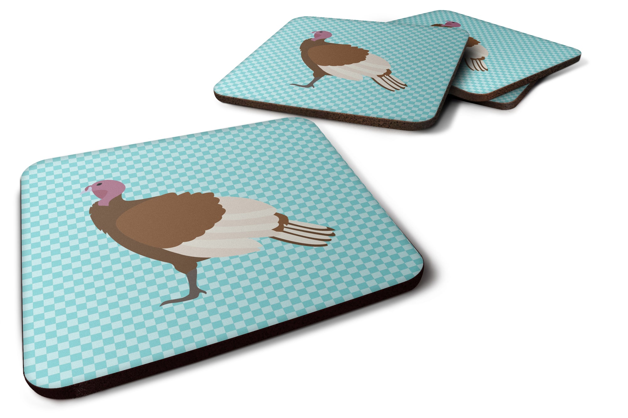 Bourbon Red Turkey Hen Blue Check Foam Coaster Set of 4 BB8156FC - the-store.com