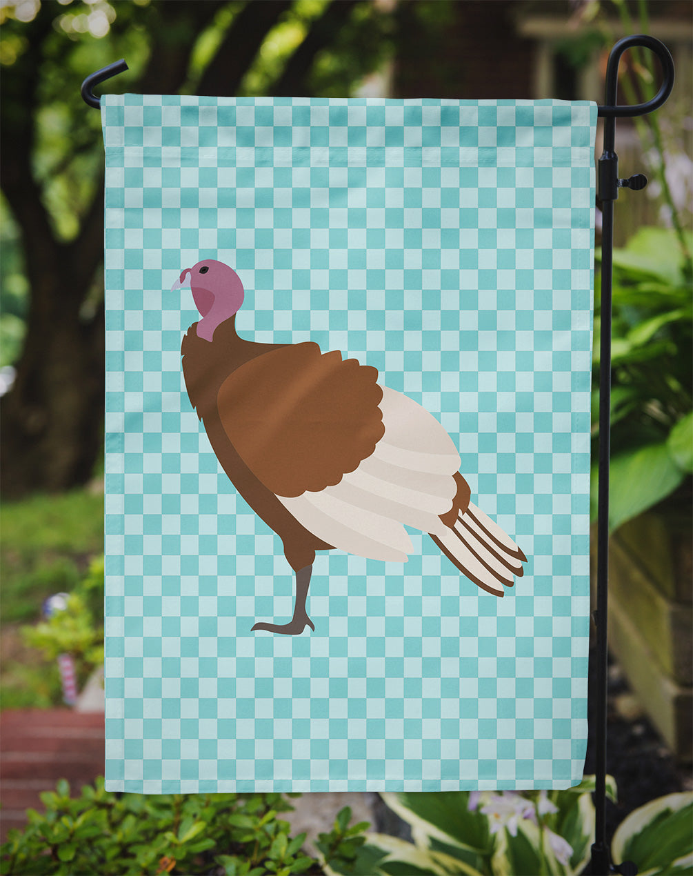 Bourbon Red Turkey Hen Blue Check Flag Garden Size  the-store.com.