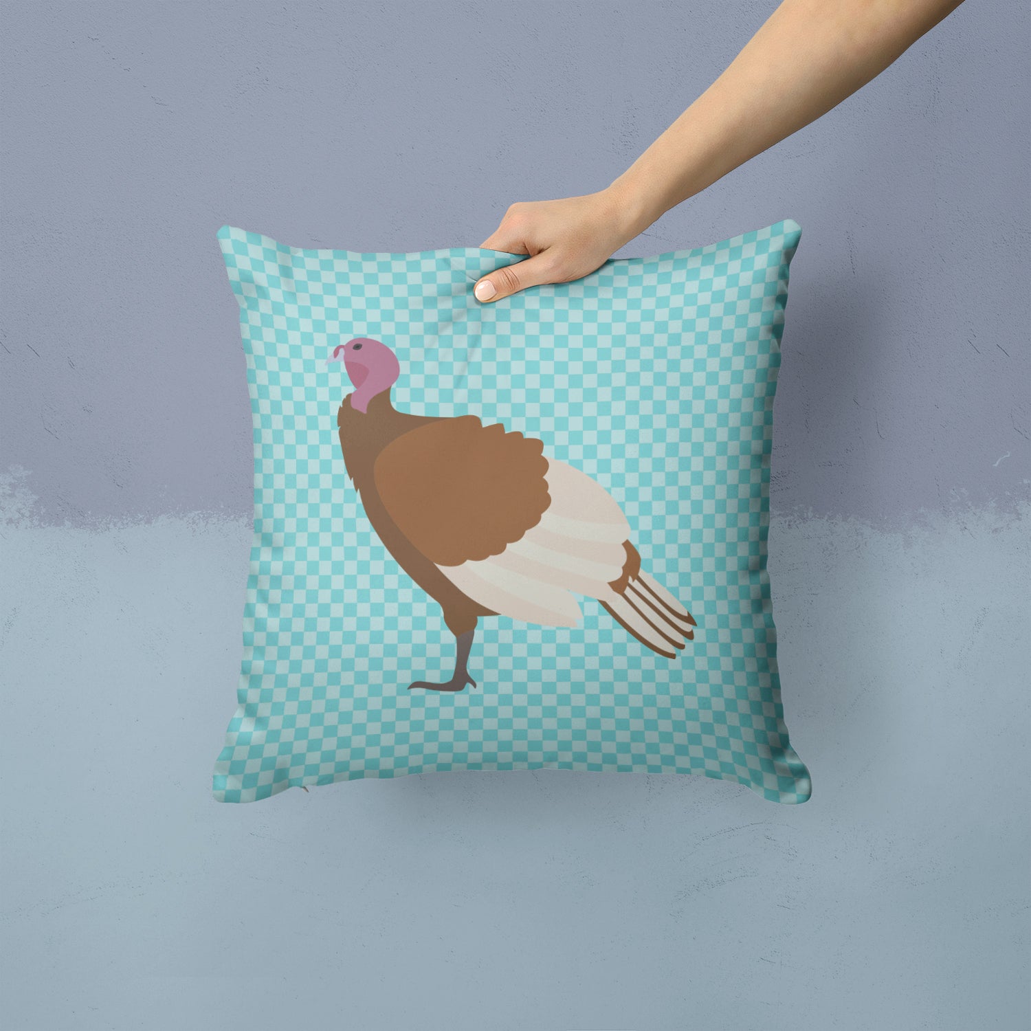 Bourbon Red Turkey Hen Blue Check Fabric Decorative Pillow BB8156PW1414 - the-store.com