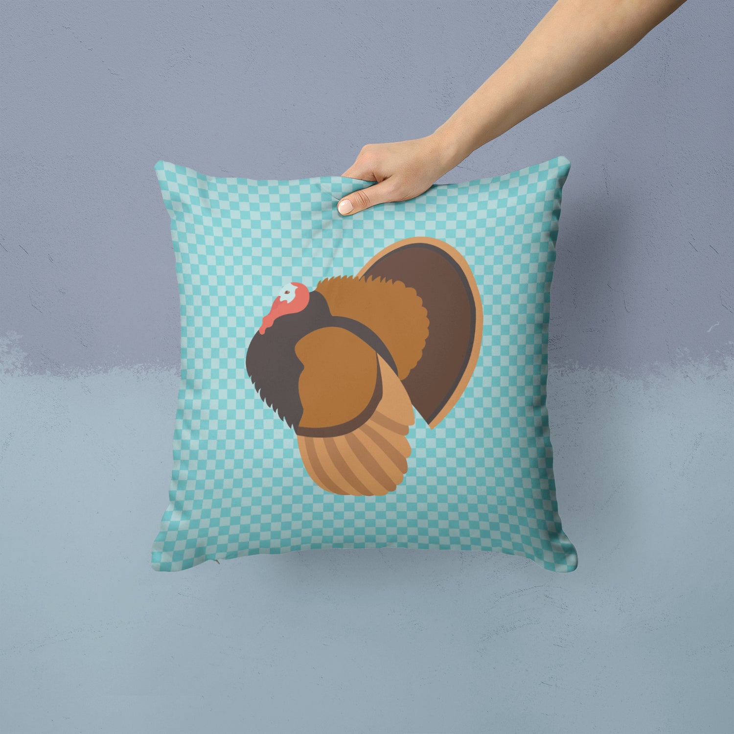 Bronze Turkey Blue Check Fabric Decorative Pillow BB8160PW1414 - the-store.com