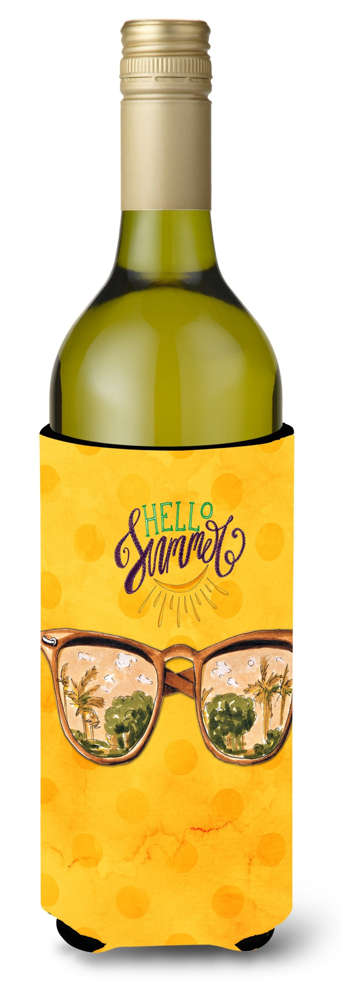 Beach Sunglasses Yellow Polkadot Wine Bottle Beverge Insulator Hugger BB8207LITERK by Caroline&#39;s Treasures