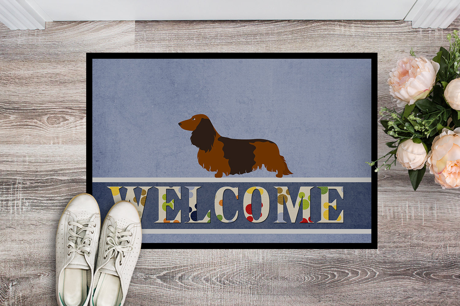 Longhaired Dachshund Welcome Indoor or Outdoor Mat 18x27 BB8287MAT - the-store.com