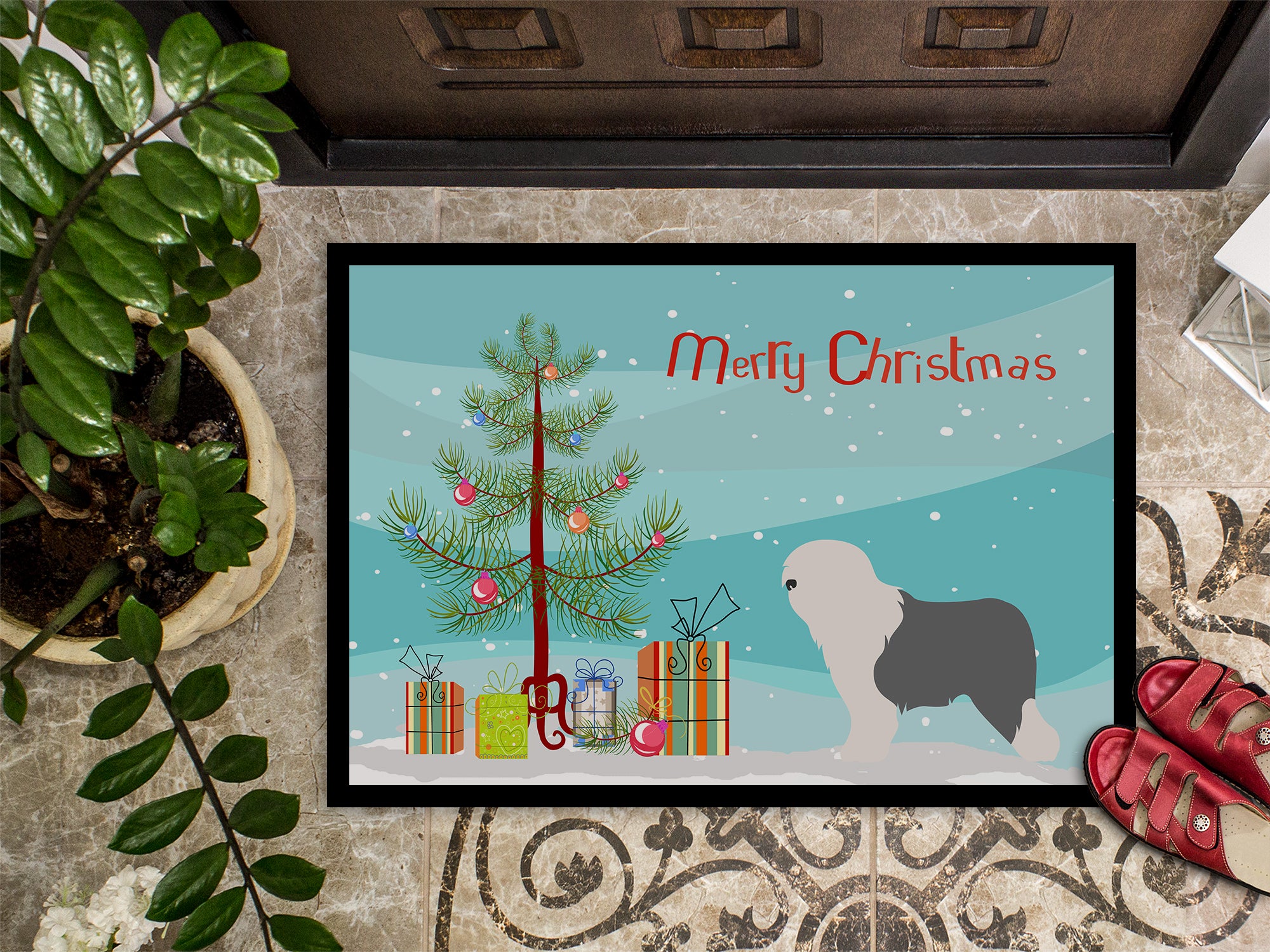 Old English Sheepdog Bobtail Christmas Indoor or Outdoor Mat 18x27 BB8456MAT - the-store.com