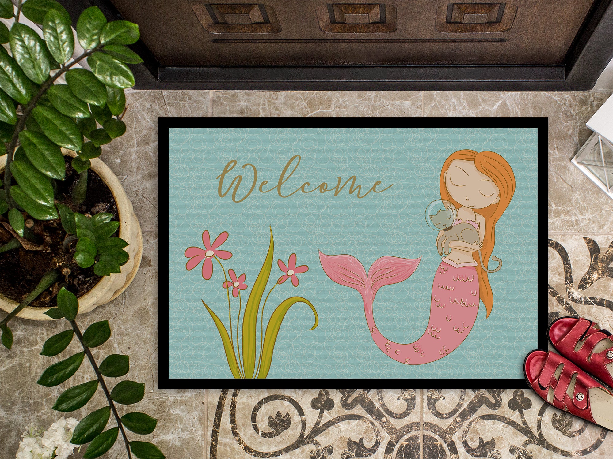 Mermaid with Cat Welcome Indoor or Outdoor Mat 18x27 BB8548MAT - the-store.com