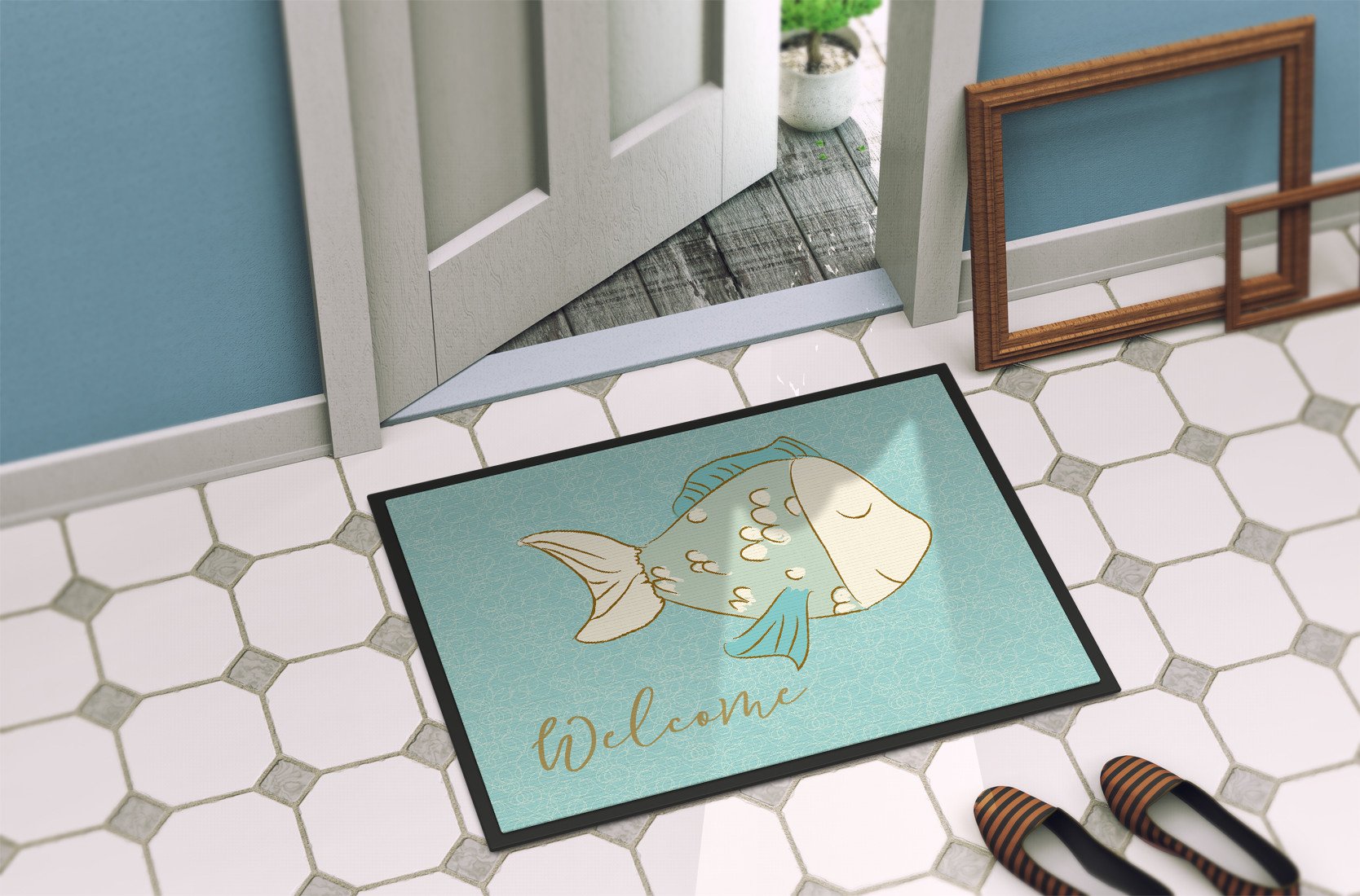 Blue Fish Welcome Indoor or Outdoor Mat 24x36 BB8549JMAT by Caroline's Treasures