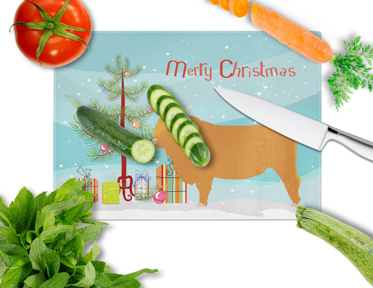 Highland Cow Christmas Glass Cutting Board Large BB9187LCB by Caroline's Treasures