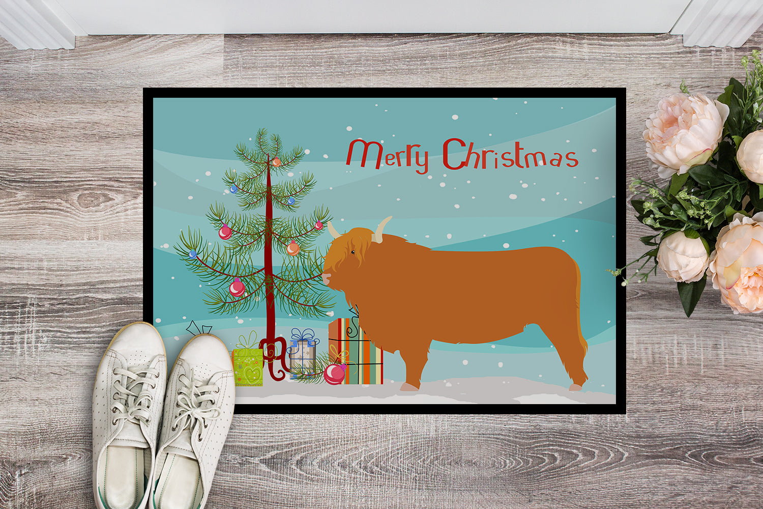 Highland Cow Christmas Indoor or Outdoor Mat 18x27 BB9187MAT - the-store.com