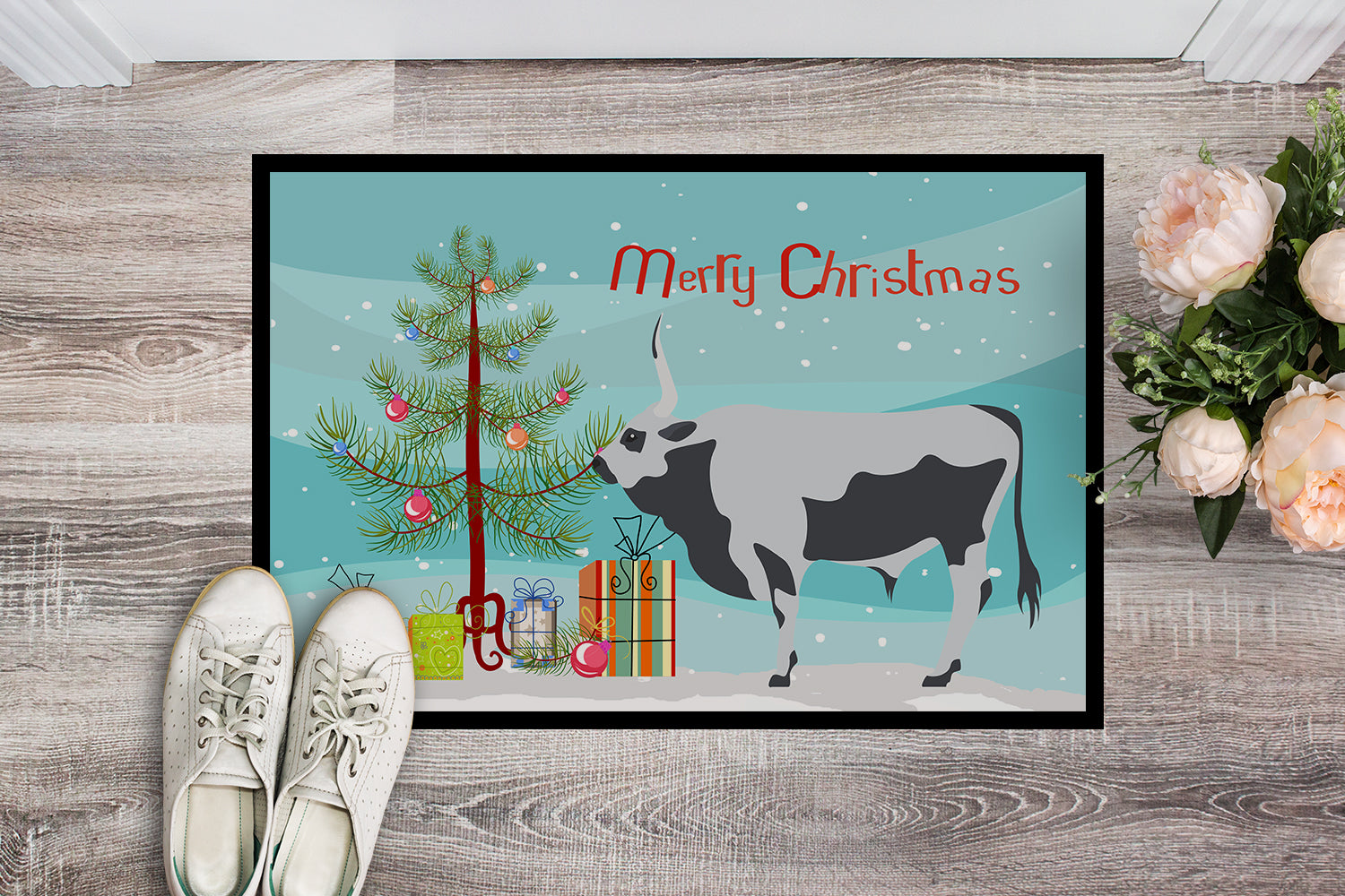 Hungarian Grey Steppe Cow Christmas Indoor or Outdoor Mat 18x27 BB9191MAT - the-store.com