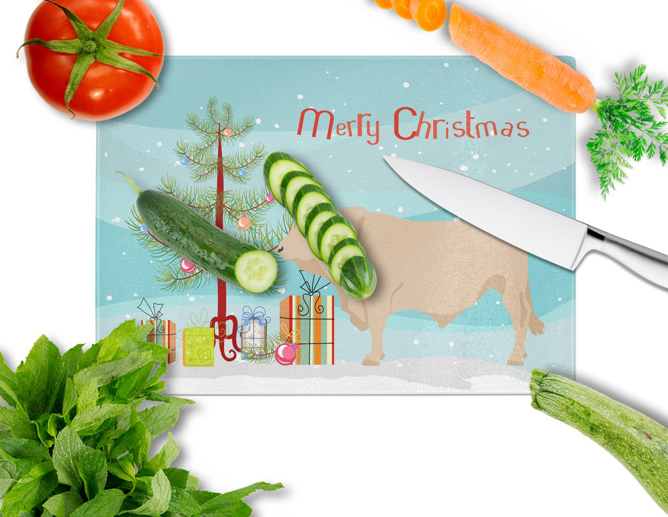 Charolais Cow Christmas Glass Cutting Board Large BB9193LCB by Caroline's Treasures