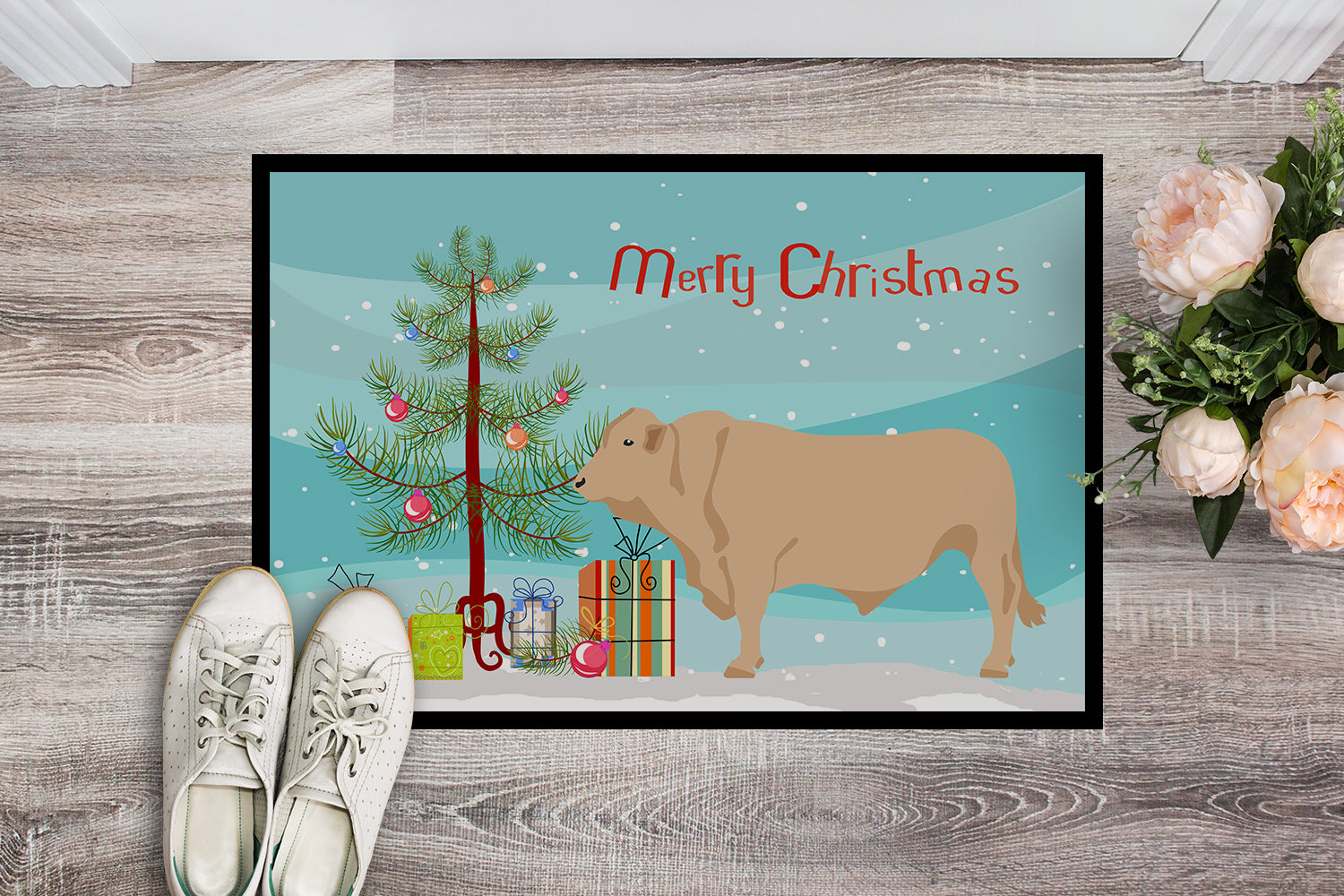 Charolais Cow Christmas Indoor or Outdoor Mat 18x27 BB9193MAT - the-store.com