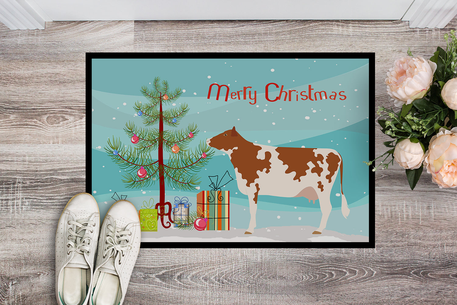 Ayrshire Cow Christmas Indoor or Outdoor Mat 18x27 BB9194MAT - the-store.com