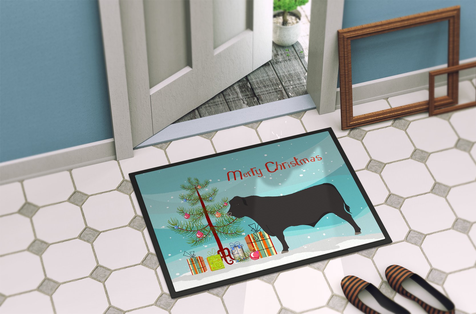 Black Angus Cow Christmas Indoor or Outdoor Mat 24x36 BB9195JMAT by Caroline's Treasures