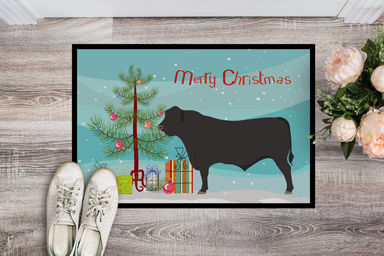 Black Angus Cow Christmas Indoor or Outdoor Mat 18x27 BB9195MAT - the-store.com