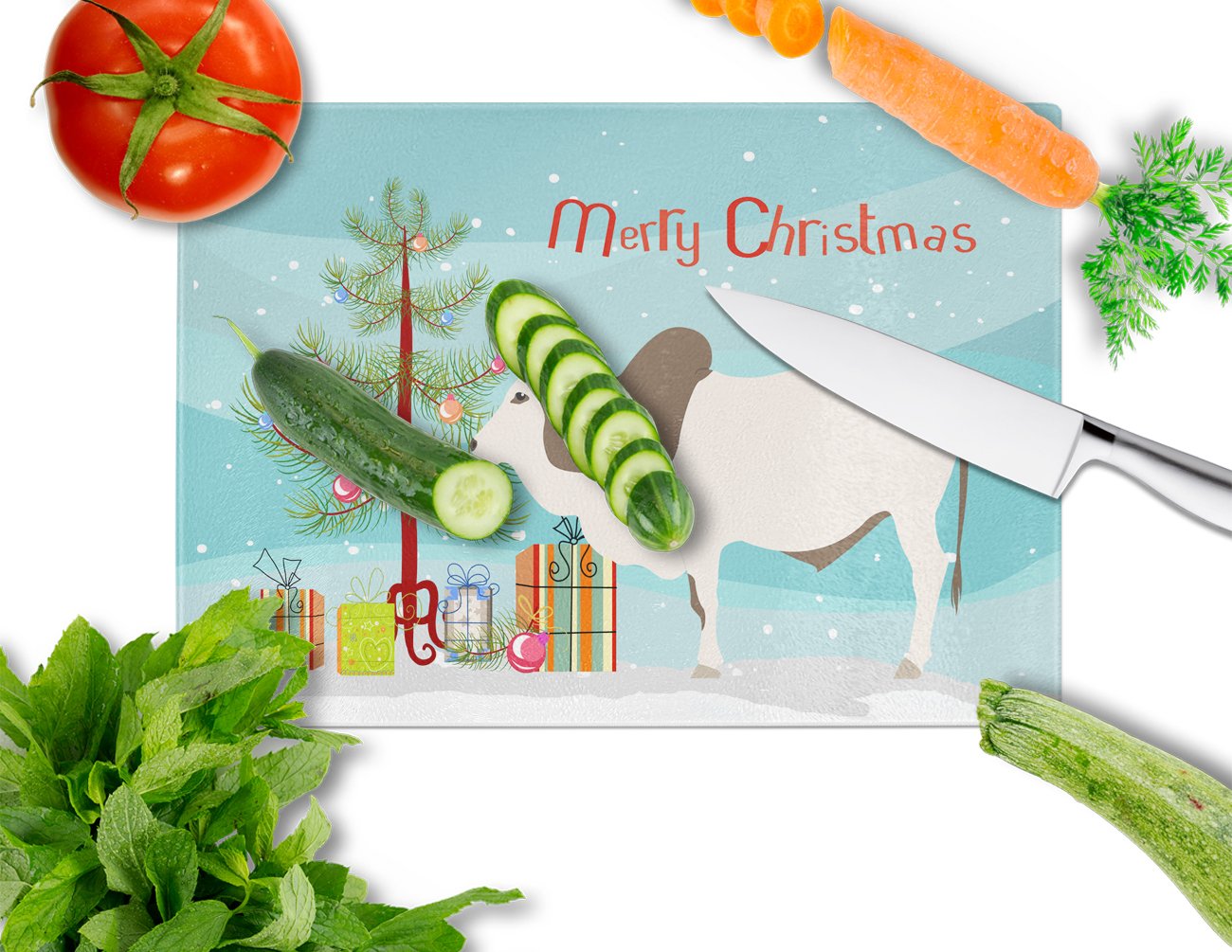 Malvi Cow Christmas Glass Cutting Board Large BB9197LCB by Caroline's Treasures