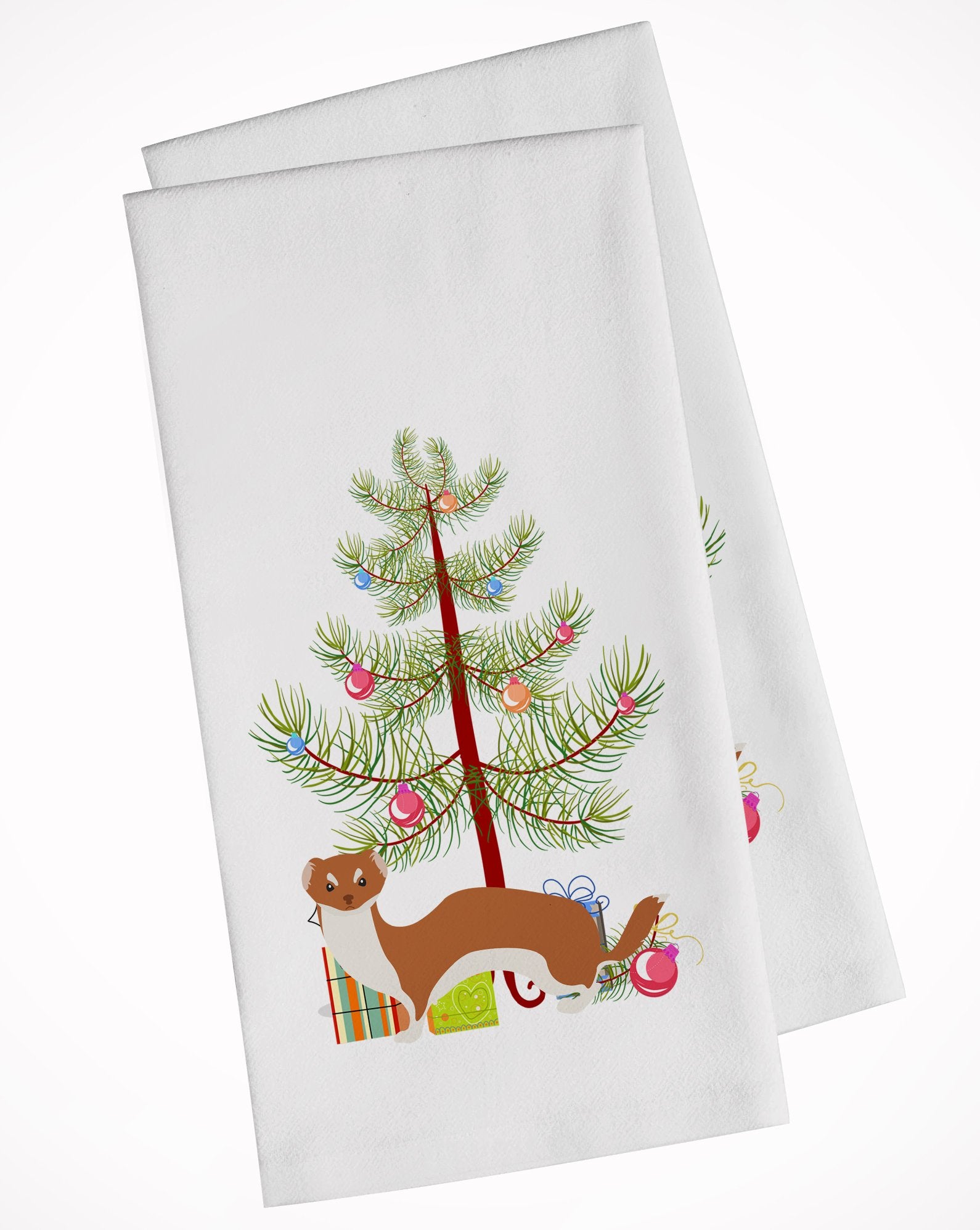 Weasel Christmas White Kitchen Towel Set of 2 BB9237WTKT by Caroline's Treasures