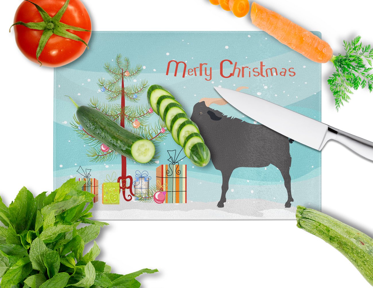 Verata Goat Christmas Glass Cutting Board Large BB9249LCB by Caroline's Treasures