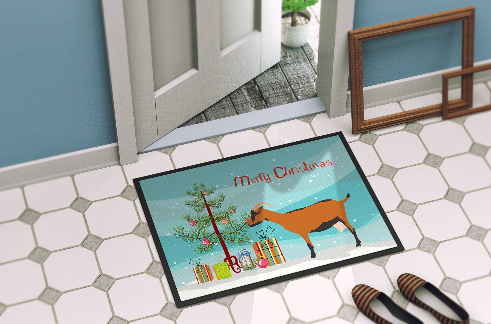 Oberhasli Goat Christmas Indoor or Outdoor Mat 18x27 BB9255MAT - the-store.com