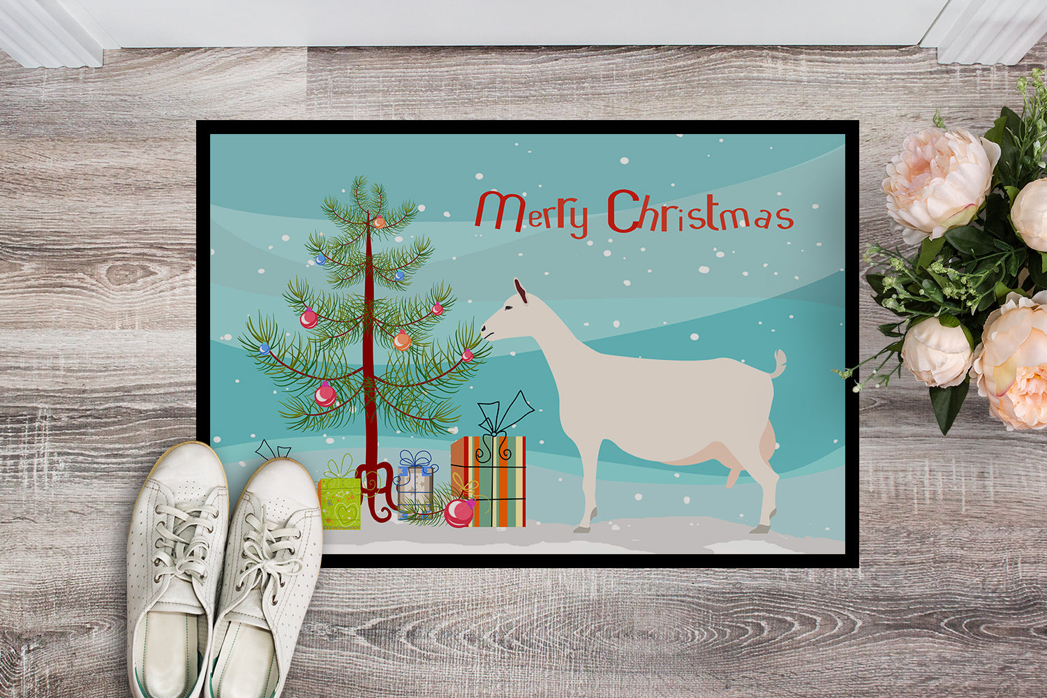 Saanen Goat Christmas Indoor or Outdoor Mat 18x27 BB9256MAT - the-store.com