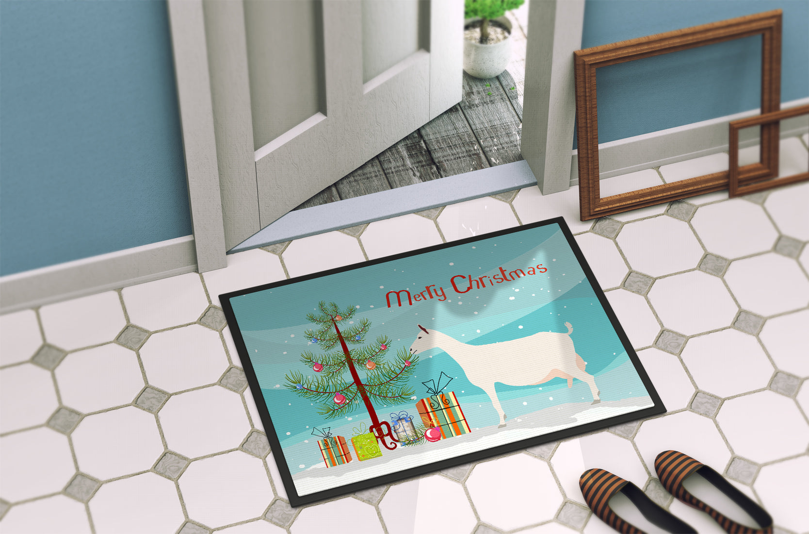 Saanen Goat Christmas Indoor or Outdoor Mat 18x27 BB9256MAT - the-store.com