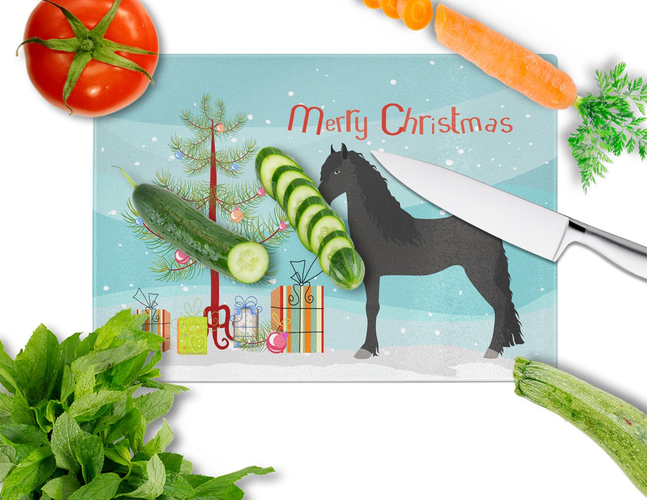 Friesian Horse Christmas Glass Cutting Board Large BB9282LCB by Caroline's Treasures