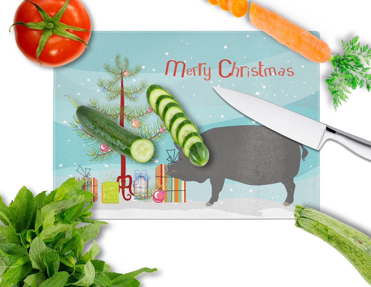 Berkshire Pig Christmas Glass Cutting Board Large BB9300LCB by Caroline's Treasures