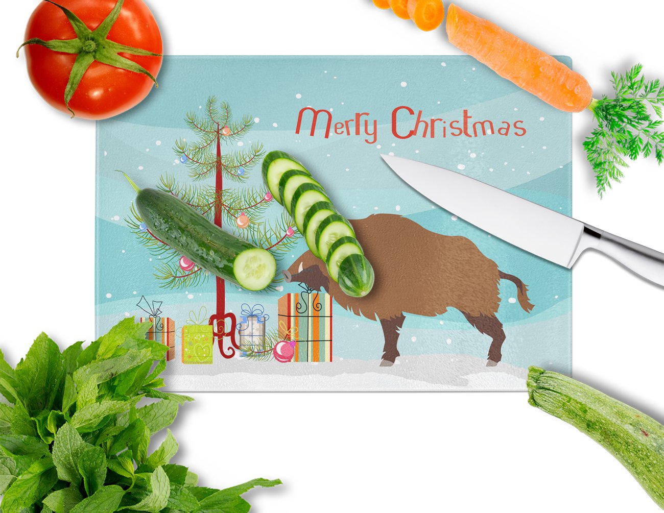 Wild Boar Pig Christmas Glass Cutting Board Large BB9303LCB by Caroline's Treasures