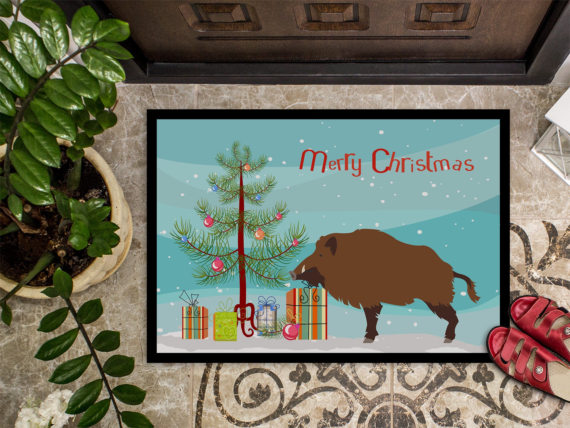 Wild Boar Pig Christmas Indoor or Outdoor Mat 18x27 BB9303MAT - the-store.com