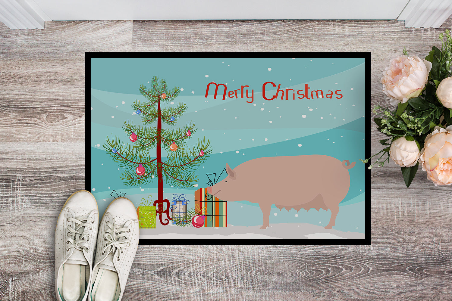 English Large White Pig Christmas Indoor or Outdoor Mat 18x27 BB9305MAT - the-store.com