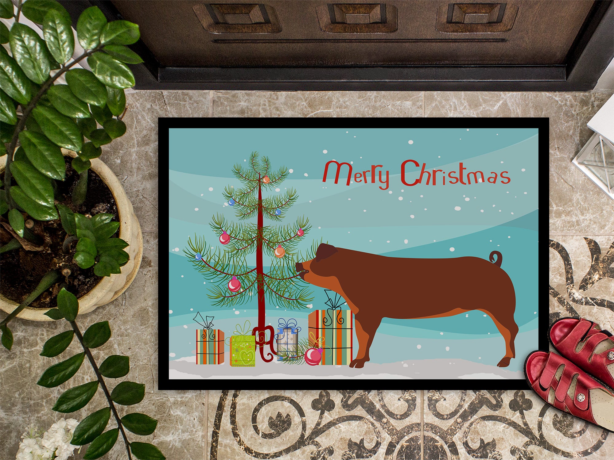 Duroc Pig Christmas Indoor or Outdoor Mat 18x27 BB9309MAT - the-store.com