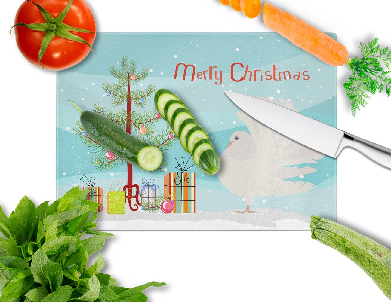 Silver Fantail Pigeon Christmas Glass Cutting Board Large BB9317LCB by Caroline's Treasures