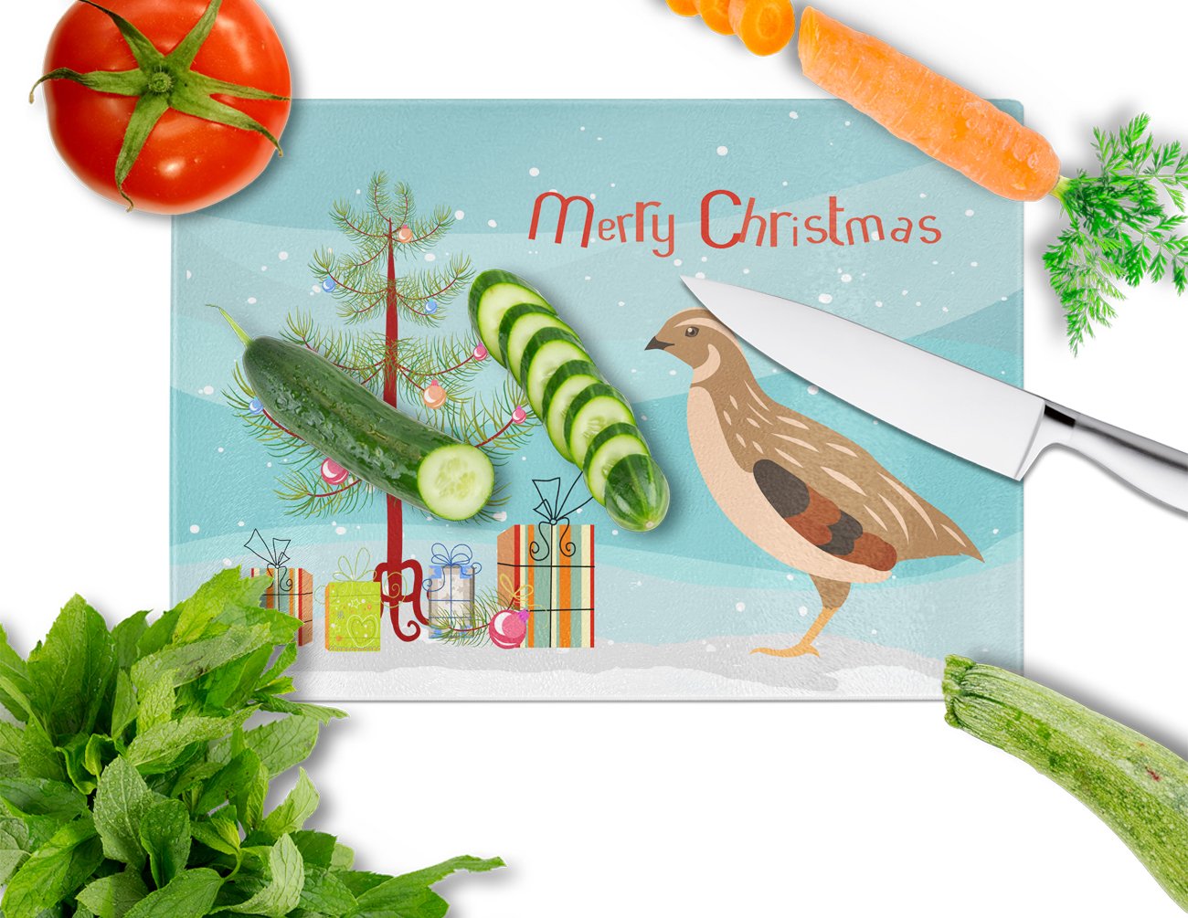 Golden Phoenix Quail Christmas Glass Cutting Board Large BB9322LCB by Caroline's Treasures