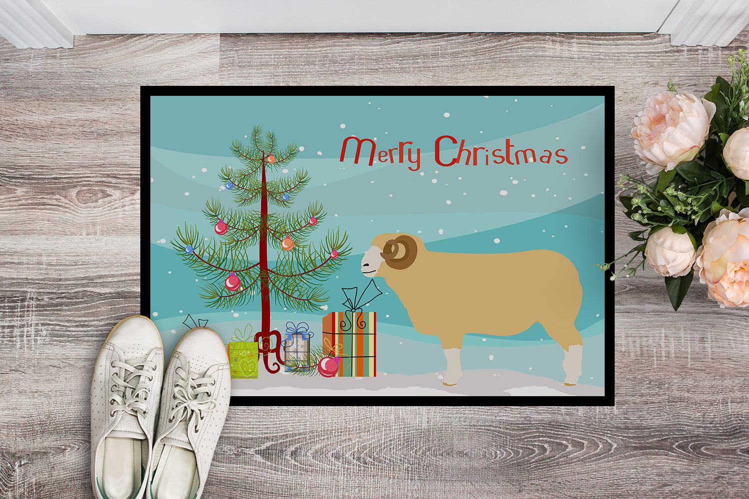 Horned Dorset Sheep Christmas Indoor or Outdoor Mat 18x27 BB9347MAT - the-store.com