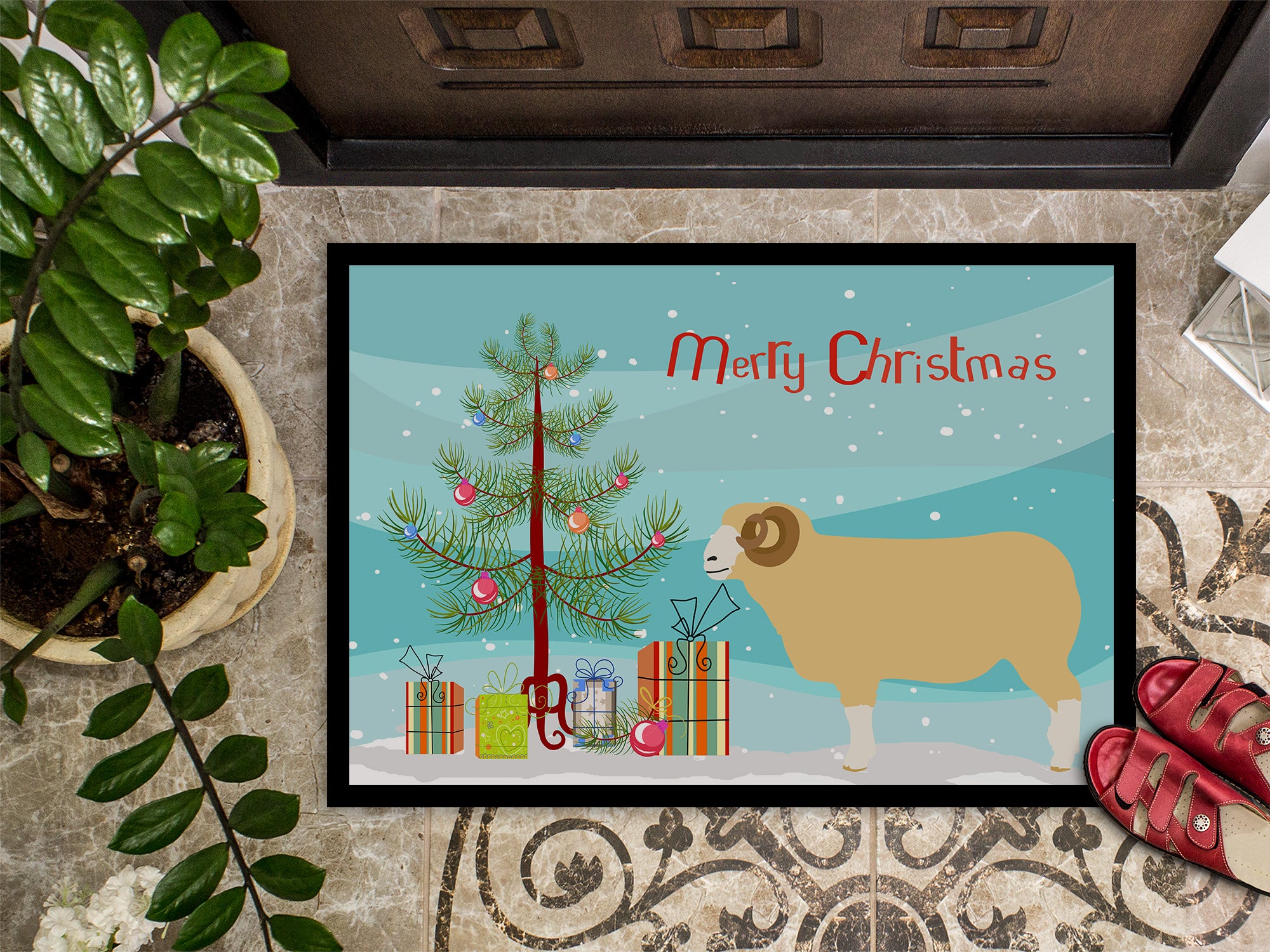 Horned Dorset Sheep Christmas Indoor or Outdoor Mat 18x27 BB9347MAT - the-store.com