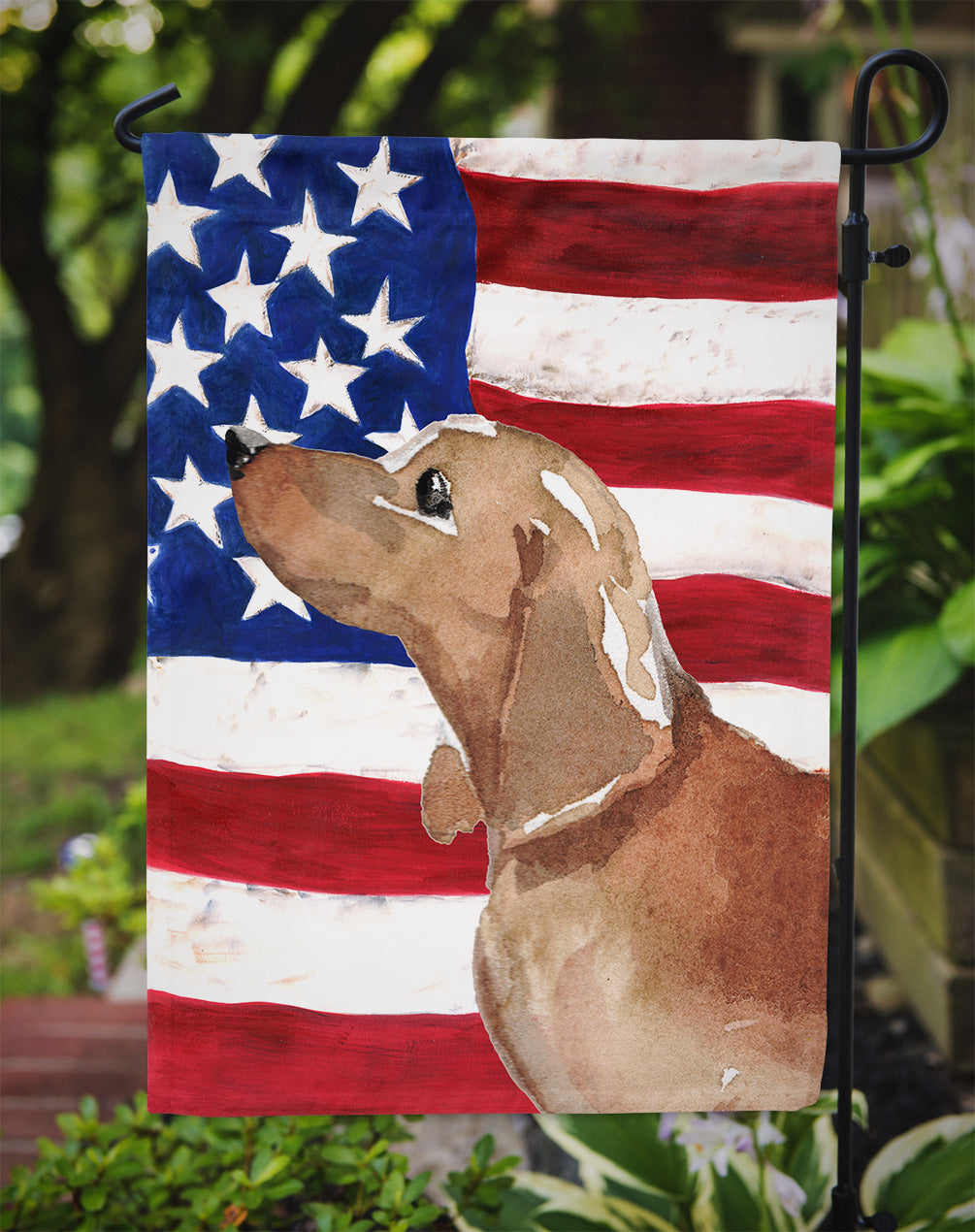 Red Tan Dachshund Patriotic Flag Garden Size BB9371GF  the-store.com.