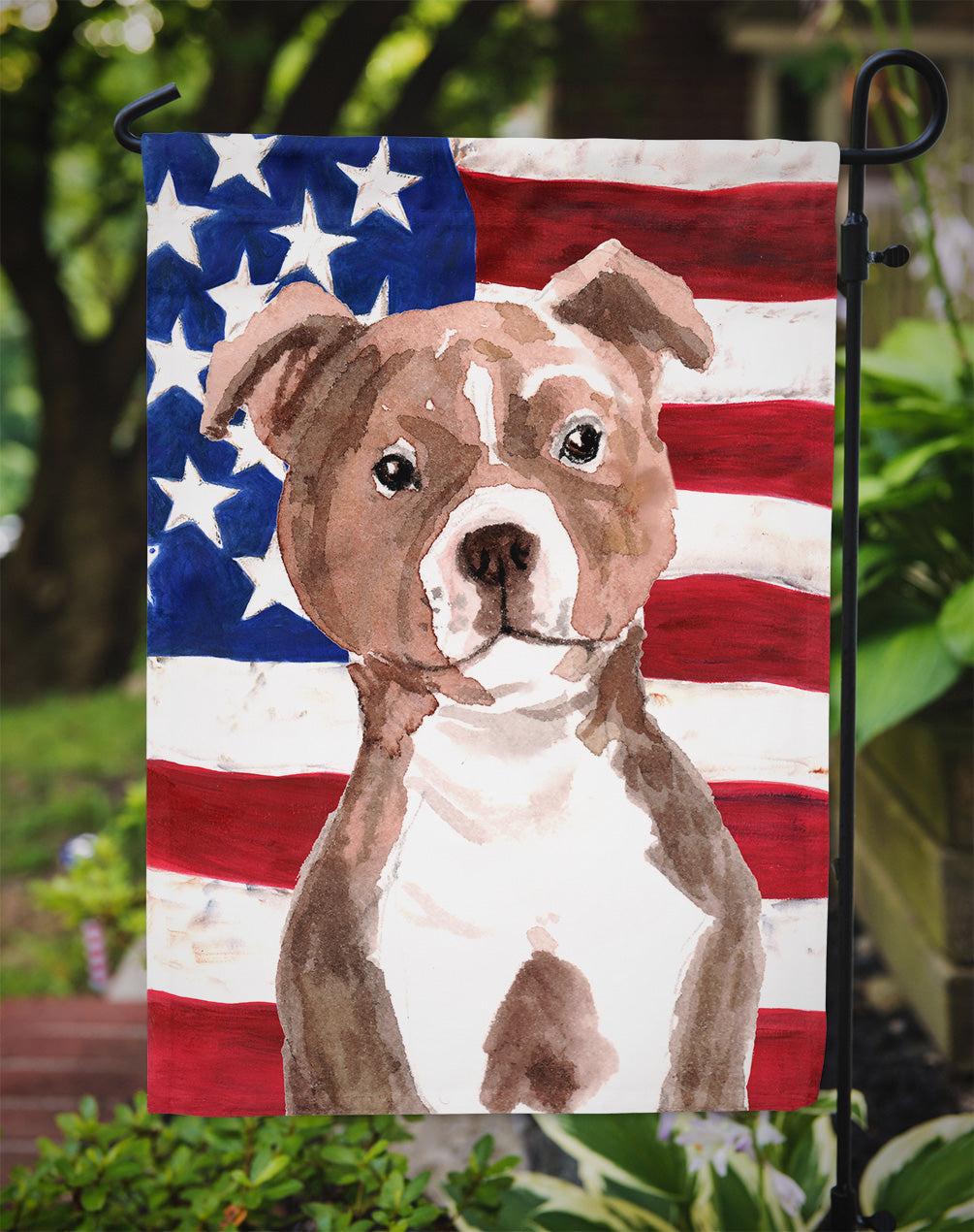 Red Staffie Bull Terrier Patriotic Flag Garden Size BB9392GF  the-store.com.