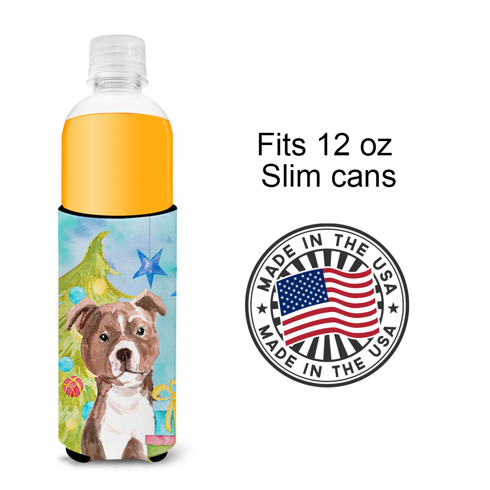 Red Staffie Bull Terrier Christmas  Ultra Hugger for slim cans BB9427MUK  the-store.com.