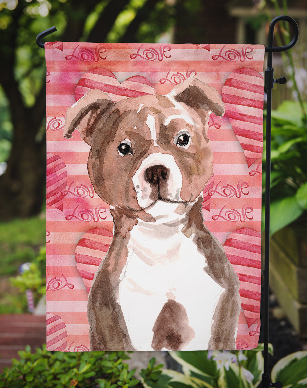 Red Staffie Bull Terrier Love Flag Garden Size BB9497GF  the-store.com.